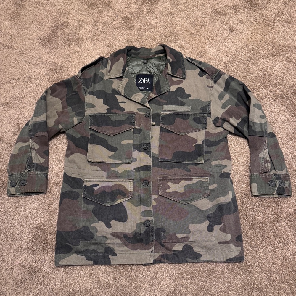 Zara Camo Utility Jacket Womens Large Green Brown Long Sleeve Full Zip Button